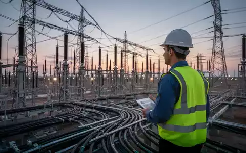 Ein EHS-Projektmanager in Schutzkleidung überwacht den Bau einer Hochspannungs-Gleichstrom-Übertragungsstation bei Sonnenuntergang. - Foto: über boerse-global.de