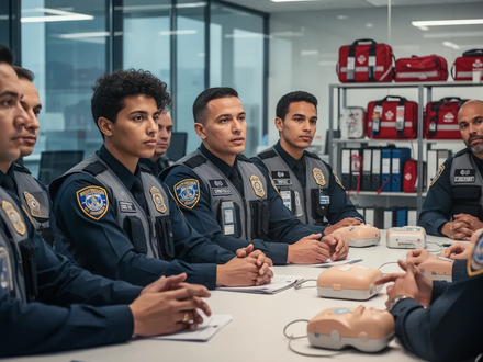 Ersthelfer in einem modernen Bürogebäude nehmen an einer Schulung teil, mit Fokus auf ihre Gesichter und Hände. Ein Defibrillator ist im Hintergrund zu sehen. - Foto: über boerse-global.de