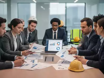 Eine Gruppe von Fachleuten in einem modernen Konferenzraum diskutiert Unterlagen und einen Laptop, der Daten anzeigt. - Foto: über boerse-global.de