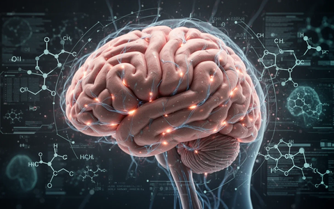 Ein stilisiertes menschliches Gehirn mit leuchtenden neuronalen Pfaden und abstrakten digitalen Elementen, die Forschung und Medizin symbolisieren. - Foto: über boerse-global.de