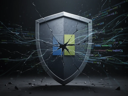 A digital shield with a subtle Microsoft logo shows cracks and lines of code, symbolizing a security vulnerability and policy shift. - Foto: über boerse-global.de
