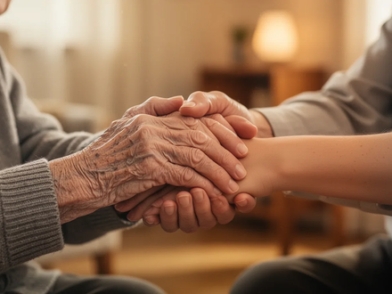 Ältere und jüngere Hände halten sich gegenseitig, symbolisch für generationenübergreifende Pflege und Unterstützung in einem häuslichen Umfeld. - Foto: über boerse-global.de