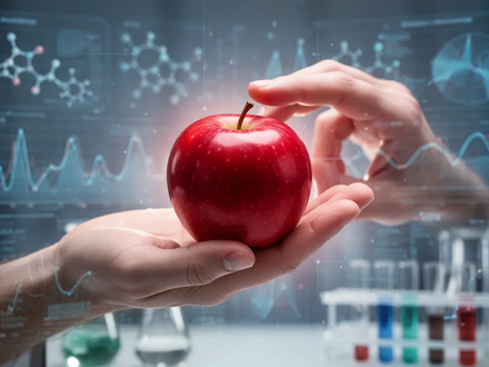Eine Hand hält einen roten Apfel vor einem verschwommenen Hintergrund, der Wissenschaft und Forschung andeutet. Fokus auf Ernährung und Gesundheit. - Foto: über boerse-global.de