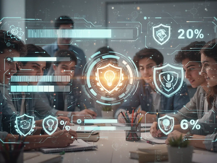 Eine digitale Benutzeroberfläche mit leuchtenden Gamification-Elementen wie Fortschrittsbalken und Abzeichen über einem verschwommenen Lernhintergrund. - Foto: über boerse-global.de