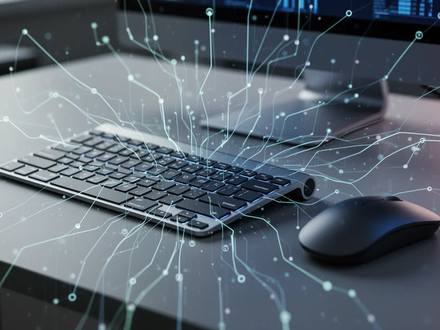 Sleek computer keyboard and mouse on a desk, with abstract digital lines and nodes emanating from them, symbolizing embedded automation. - Foto: über boerse-global.de