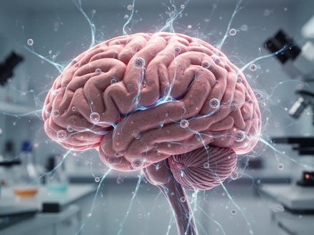 Nahaufnahme eines Gehirns mit leuchtenden neuronalen Pfaden und zellulären Strukturen, im Hintergrund Laborgeräte. - Foto: über boerse-global.de