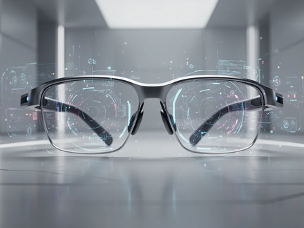Close-up of futuristic smart glasses displaying augmented reality elements, set against a blurred high-tech background. - Foto: über boerse-global.de