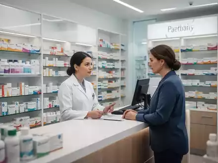 Eine Apothekerin berät einen Kunden in einer modernen Apotheke, umgeben von Medikamentenregalen. - Foto: über boerse-global.de