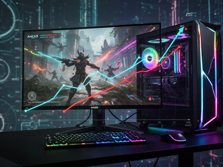 Ein moderner Gaming-PC mit leuchtenden RGB-Lichtern und einem Monitor, der eine Spielszene anzeigt. Ein digitaler Graph deutet auf Marktanteilsverschiebungen hin. - Foto: über boerse-global.de