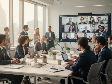 Eine Gruppe von Geschäftsleuten arbeitet in einem modernen Büro zusammen, einige sind auch in Videokonferenzen sichtbar, was hybrides Arbeiten darstellt. - Foto: über boerse-global.de