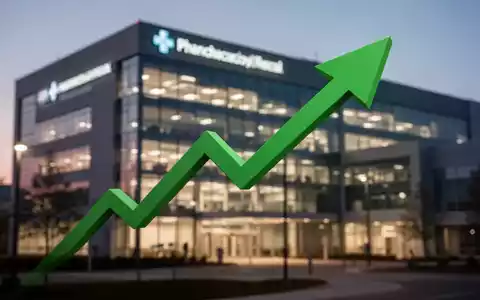 Grüner Pfeil zeigt nach oben über einem unscharfen Hintergrund einer modernen Pharma-Fassadenbeleuchtung bei Dämmerung. - Foto: über boerse-global.de