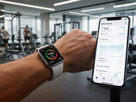 Close-up of an Apple Watch on a wrist, displaying fitness metrics, with an iPhone in the background showing health data. - Foto: über boerse-global.de