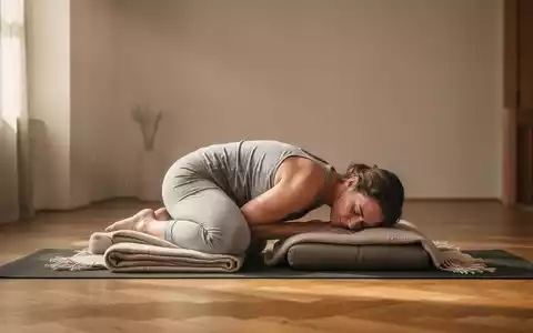 Eine Person praktiziert Restorative Yoga auf einer Matte, gestützt von Decken und Kissen in einem ruhigen Raum. - Foto: über boerse-global.de
