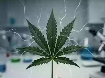 Ein einzelnes Cannabisblatt mit überlagerten, abstrakten neuronalen Netzlinien vor einem unscharfen Laborhintergrund. - Foto: über boerse-global.de
