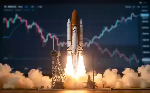 Miniaturmodell einer startenden SpaceX-Rakete mit unscharfem, leicht fallendem Börsenchart im Hintergrund. - Foto: über boerse-global.de