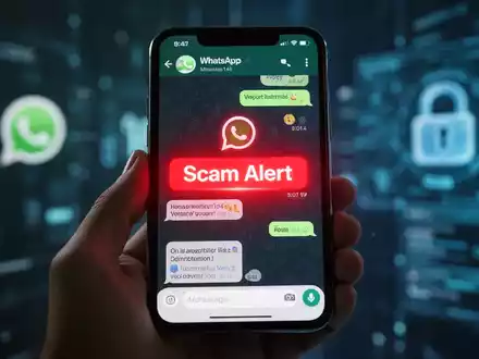 Ein Smartphone-Bildschirm zeigt eine WhatsApp-Nachricht mit einer roten Warnung vor Betrug, gehalten in einer Hand. - Foto: über boerse-global.de