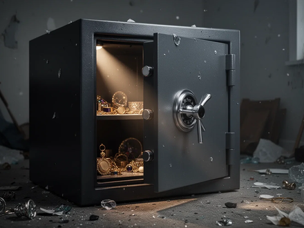 Ein schwerer, aufgebrochener Safe steht in einem dunklen Raum, mit einem Lichtstrahl, der auf Wertgegenstände im Inneren fällt. - Foto: über boerse-global.de