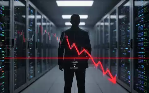 Ein stilisierter, dunkler Aktienchart zeigt einen Abwärtstrend, eine rote Linie unterschreitet eine kritische Unterstützungslinie. Im Hintergrund ein Rechenzentrum. - Foto: über boerse-global.de