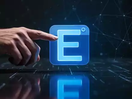 A hand points at a glowing blue 'E' icon on a digital surface, symbolizing browser competition and Microsoft Edge. - Foto: über boerse-global.de