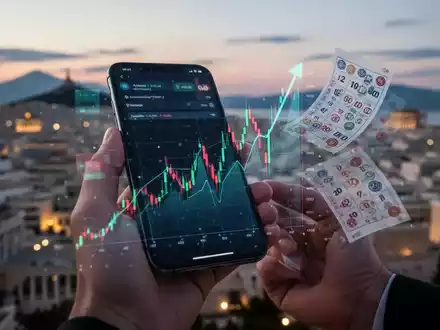 Smartphone zeigt steigenden Aktienkurs mit griechischen Glücksspielelementen, im Hintergrund verschwommene Athener Skyline bei Sonnenuntergang. - Foto: über boerse-global.de
