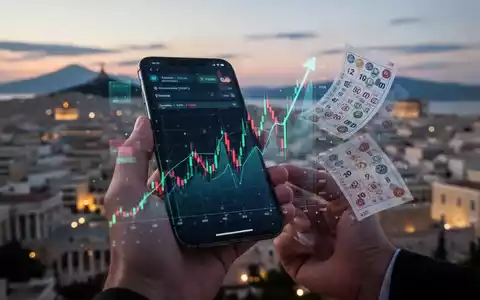 Smartphone zeigt steigenden Aktienkurs mit griechischen Glücksspielelementen, im Hintergrund verschwommene Athener Skyline bei Sonnenuntergang. - Foto: über boerse-global.de
