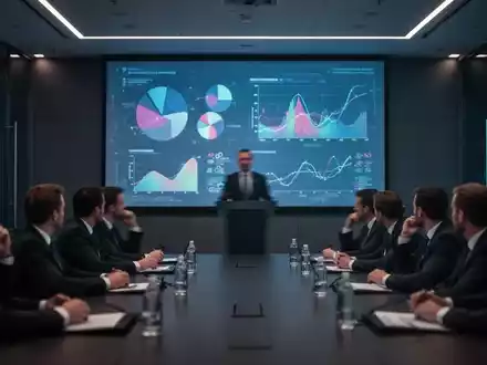 Ein Redner am Podium einer Konferenz, vor einem Publikum in einem modernen Raum mit Datenvisualisierungen auf einem Bildschirm. - Foto: über boerse-global.de