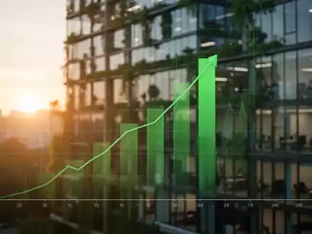 Ein grüner Balken auf einem digitalen Kursdiagramm, der vor einem modernen, umweltfreundlichen Bürogebäude aufsteigt. - Foto: über boerse-global.de