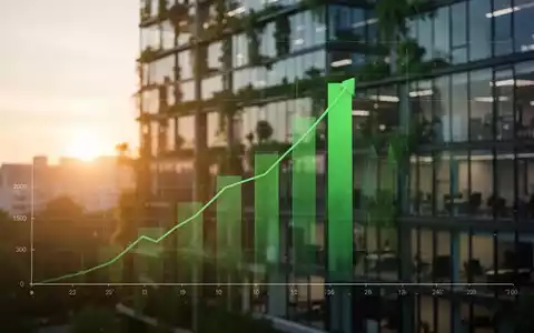 Ein grüner Balken auf einem digitalen Kursdiagramm, der vor einem modernen, umweltfreundlichen Bürogebäude aufsteigt. - Foto: über boerse-global.de