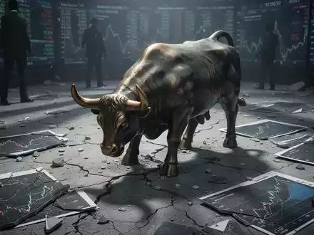 Eine Stierstatue steht auf einem zerbrochenen Börsenparkett zwischen Finanzdiagrammen, die einen Kurssturz symbolisieren. - Foto: über boerse-global.de