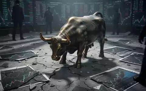 Eine Stierstatue steht auf einem zerbrochenen Börsenparkett zwischen Finanzdiagrammen, die einen Kurssturz symbolisieren. - Foto: über boerse-global.de