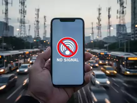 A hand holding a smartphone showing a 'no signal' icon, with blurred urban traffic and telecom towers in the background. - Foto: über boerse-global.de