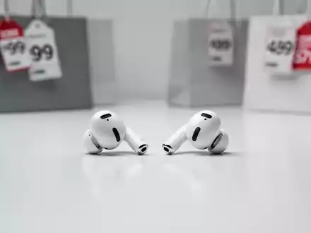 A pair of white Apple AirPods 4 earbuds on a clean surface, with a blurred background suggesting retail sales. - Foto: über boerse-global.de