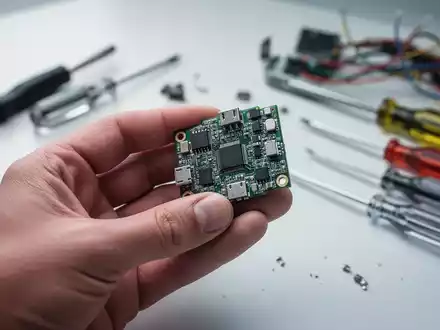 A close-up of a hand holding a circuit board, with blurred repair tools in the background, symbolizing the right to repair. - Foto: über boerse-global.de