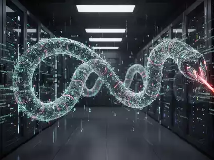 Ein glühender digitaler Wurm aus Code und Datenströmen schlängelt sich durch ein dunkles, futuristisches Serverraum-Netzwerk. - Foto: über boerse-global.de