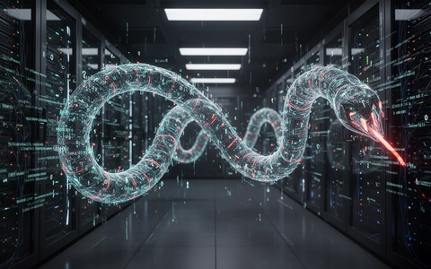 Ein glühender digitaler Wurm aus Code und Datenströmen schlängelt sich durch ein dunkles, futuristisches Serverraum-Netzwerk. - Foto: über boerse-global.de