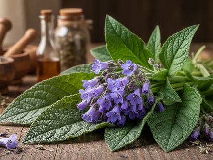 Nahaufnahme von Beinwell-Blättern und Blüten mit traditionellen Kräuterheilmitteln im unscharfen Hintergrund. - Foto: über boerse-global.de