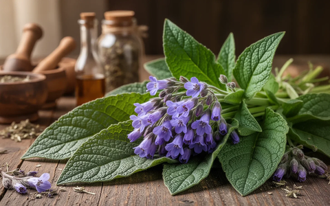 Nahaufnahme von Beinwell-Blättern und Blüten mit traditionellen Kräuterheilmitteln im unscharfen Hintergrund. - Foto: über boerse-global.de