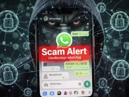 Ein Smartphone-Bildschirm zeigt eine WhatsApp-Konversation mit einer roten Warnung „Scam Alert“ über betrügerischen Nachrichten. - Foto: über boerse-global.de