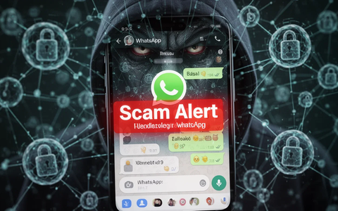 Ein Smartphone-Bildschirm zeigt eine WhatsApp-Konversation mit einer roten Warnung „Scam Alert“ über betrügerischen Nachrichten. - Foto: über boerse-global.de