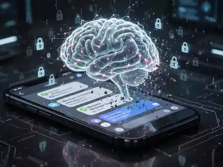 A glowing digital brain superimposed over a smartphone screen showing messaging app notifications, symbolizing AI vulnerability. - Foto: über boerse-global.de