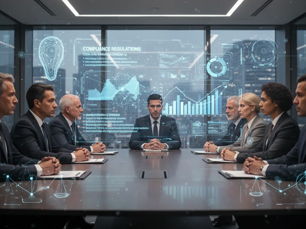 Geschäftsführer und Prokuristen in einem modernen Konferenzraum, die sich intensiv mit Compliance-Vorschriften und KI-Technologien auseinandersetzen. - Foto: über boerse-global.de