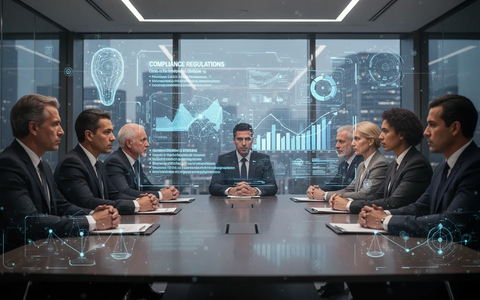 Geschäftsführer und Prokuristen in einem modernen Konferenzraum, die sich intensiv mit Compliance-Vorschriften und KI-Technologien auseinandersetzen. - Foto: über boerse-global.de