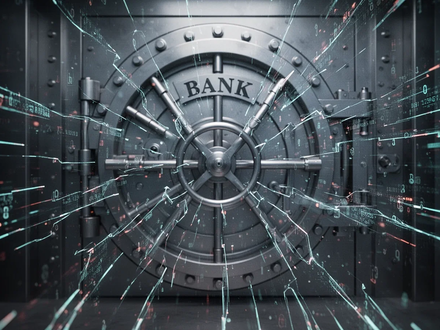 An abstract image showing fractured digital data streams overlaid on a blurred bank vault door, symbolizing financial disruption and cyber threats. - Foto: über boerse-global.de