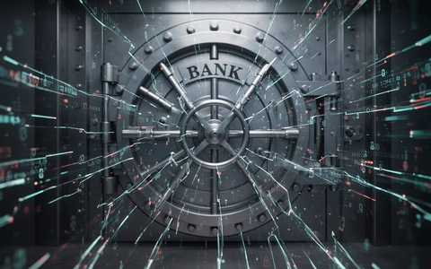 An abstract image showing fractured digital data streams overlaid on a blurred bank vault door, symbolizing financial disruption and cyber threats. - Foto: über boerse-global.de