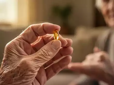 Nahaufnahme der Hand eines älteren Menschen, der eine Vitamin-D-Kapsel hält, mit weichem, verschwommenem Hintergrund. - Foto: über boerse-global.de