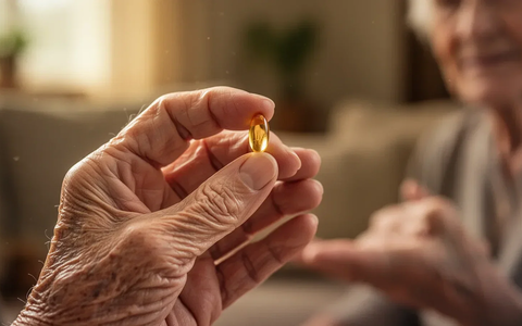 Nahaufnahme der Hand eines älteren Menschen, der eine Vitamin-D-Kapsel hält, mit weichem, verschwommenem Hintergrund. - Foto: über boerse-global.de