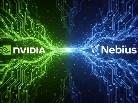 Abstrakte Darstellung von zwei miteinander verbundenen Schaltkreisen, die eine Partnerschaft zwischen Nvidia (grün) und Nebius (blau) symbolisieren. - Foto: über boerse-global.de