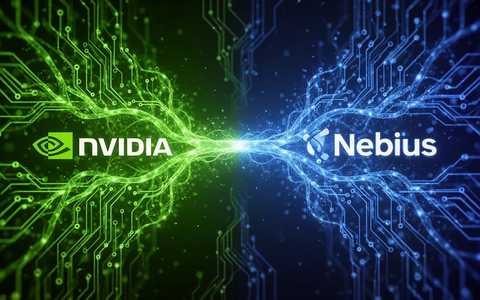 Abstrakte Darstellung von zwei miteinander verbundenen Schaltkreisen, die eine Partnerschaft zwischen Nvidia (grün) und Nebius (blau) symbolisieren. - Foto: über boerse-global.de
