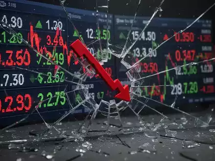 Ein zersplitterter Börsenticker mit einem roten Abwärtspfeil, der einen drastischen Kursverfall symbolisiert. - Foto: über boerse-global.de