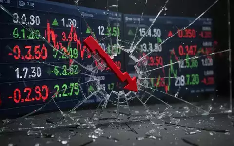 Ein zersplitterter Börsenticker mit einem roten Abwärtspfeil, der einen drastischen Kursverfall symbolisiert. - Foto: über boerse-global.de